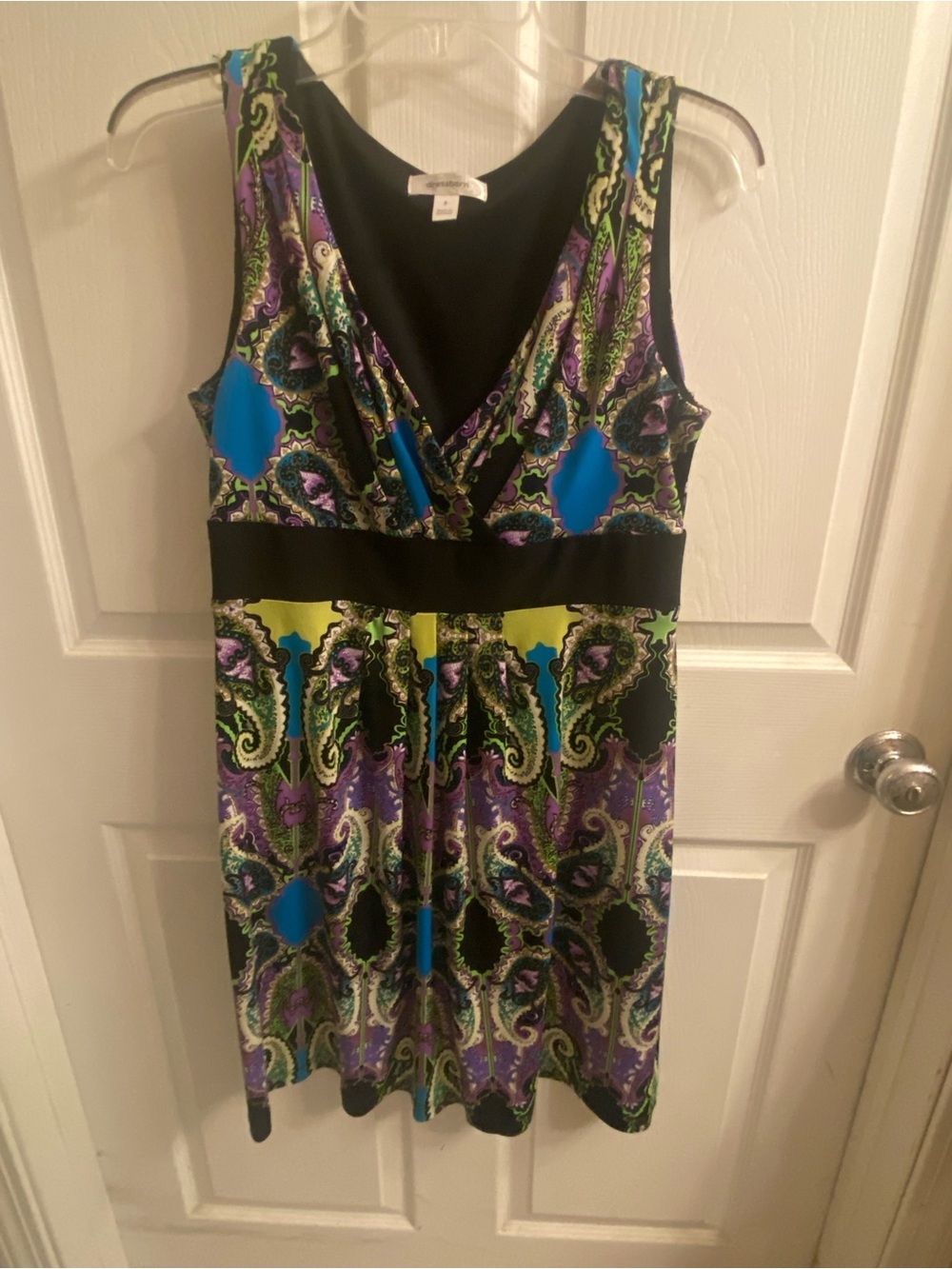 dressbarn Sleeveless V-Neck empire Paisley Dress in Black, Blue & Purple size 8